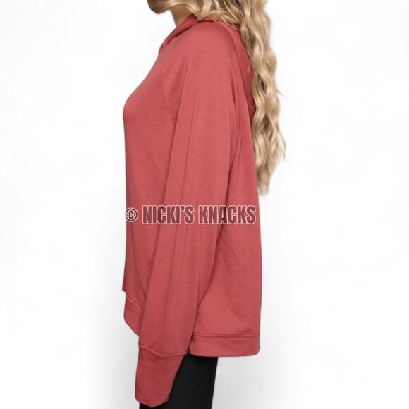 Danskin Tapered Terry Pullover Hoodie with Thumbholes Dark Rose Red Size L - Picture 4 of 10